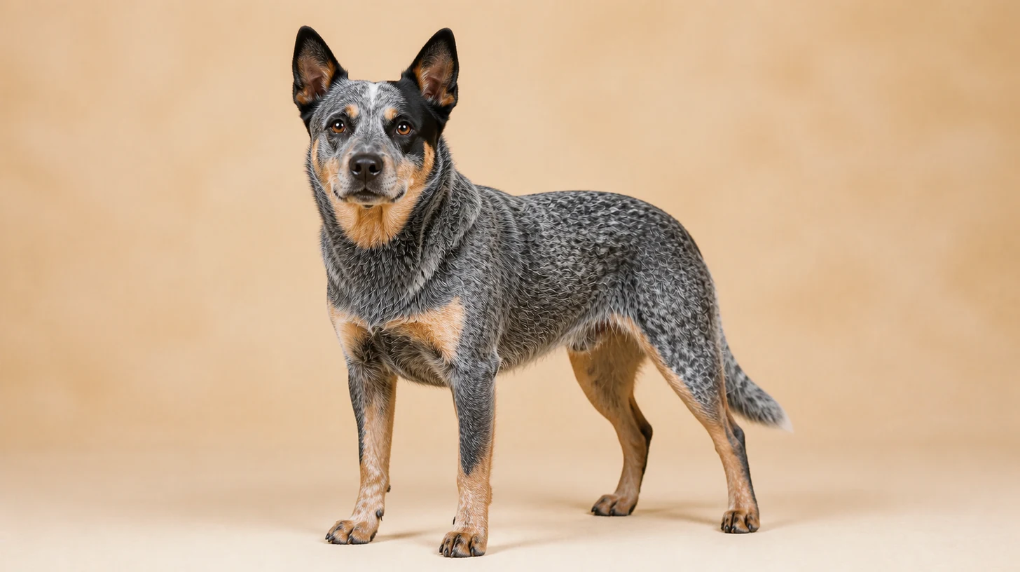 Blue Heeler adulto, azul mosqueado com marcas castanhas, compacto e atlético, fotografado sobre fundo bege