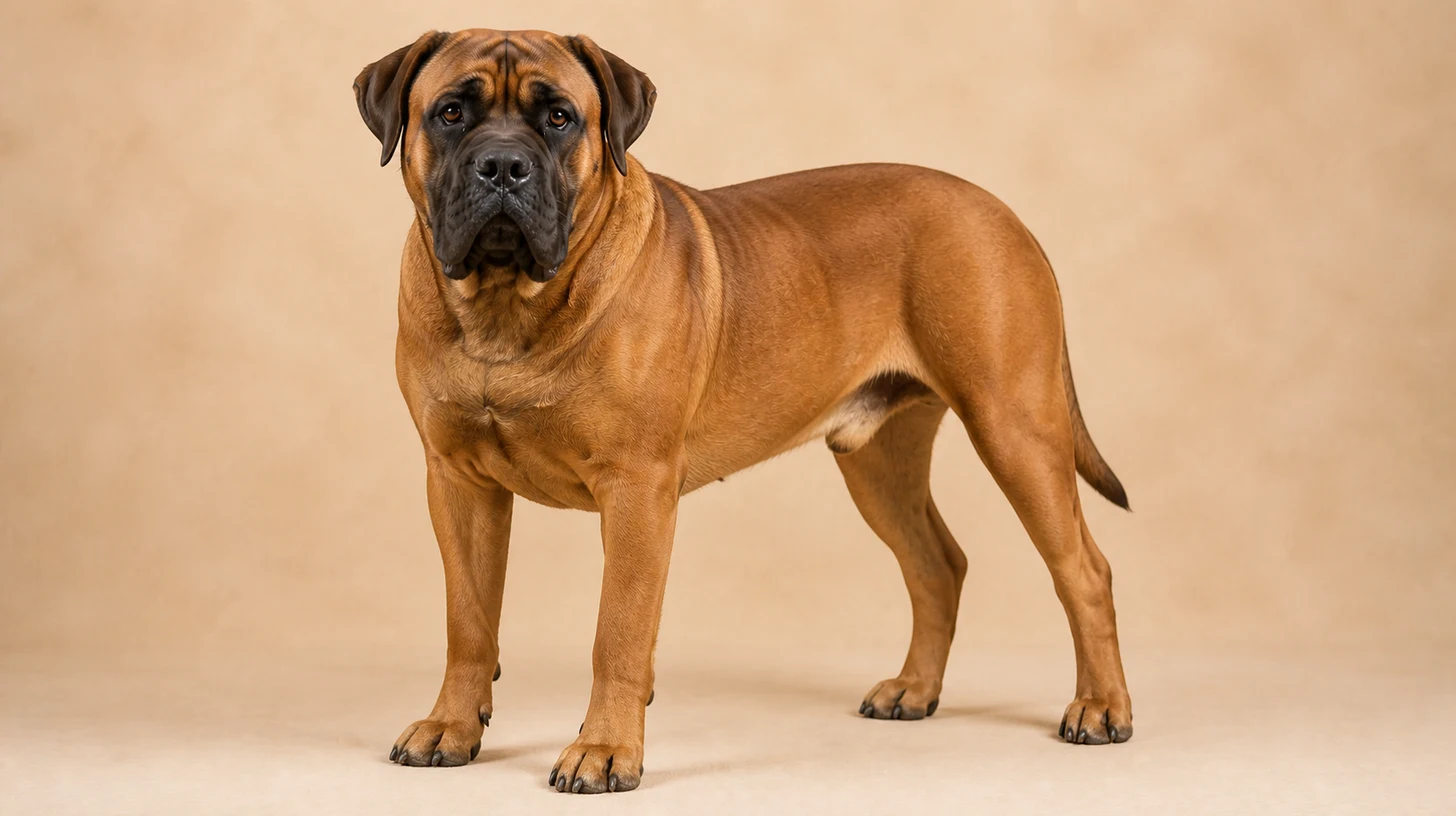 Boerboel adulto, castanho, maciço, musculoso e de cabeça larga, fotografado sobre fundo bege