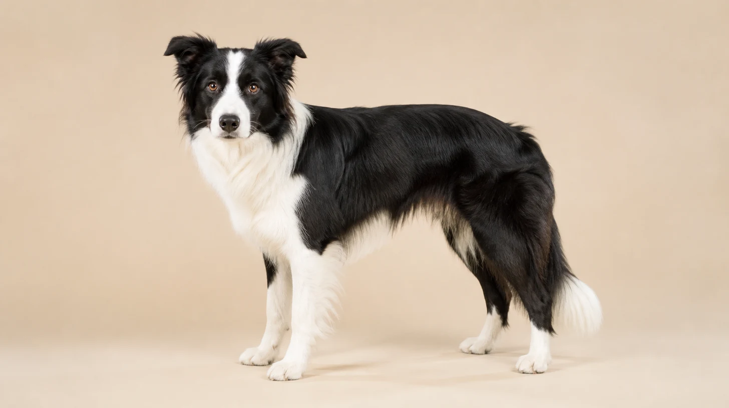 Border Collie preto e branco, em pé de corpo inteiro sobre fundo bege claro