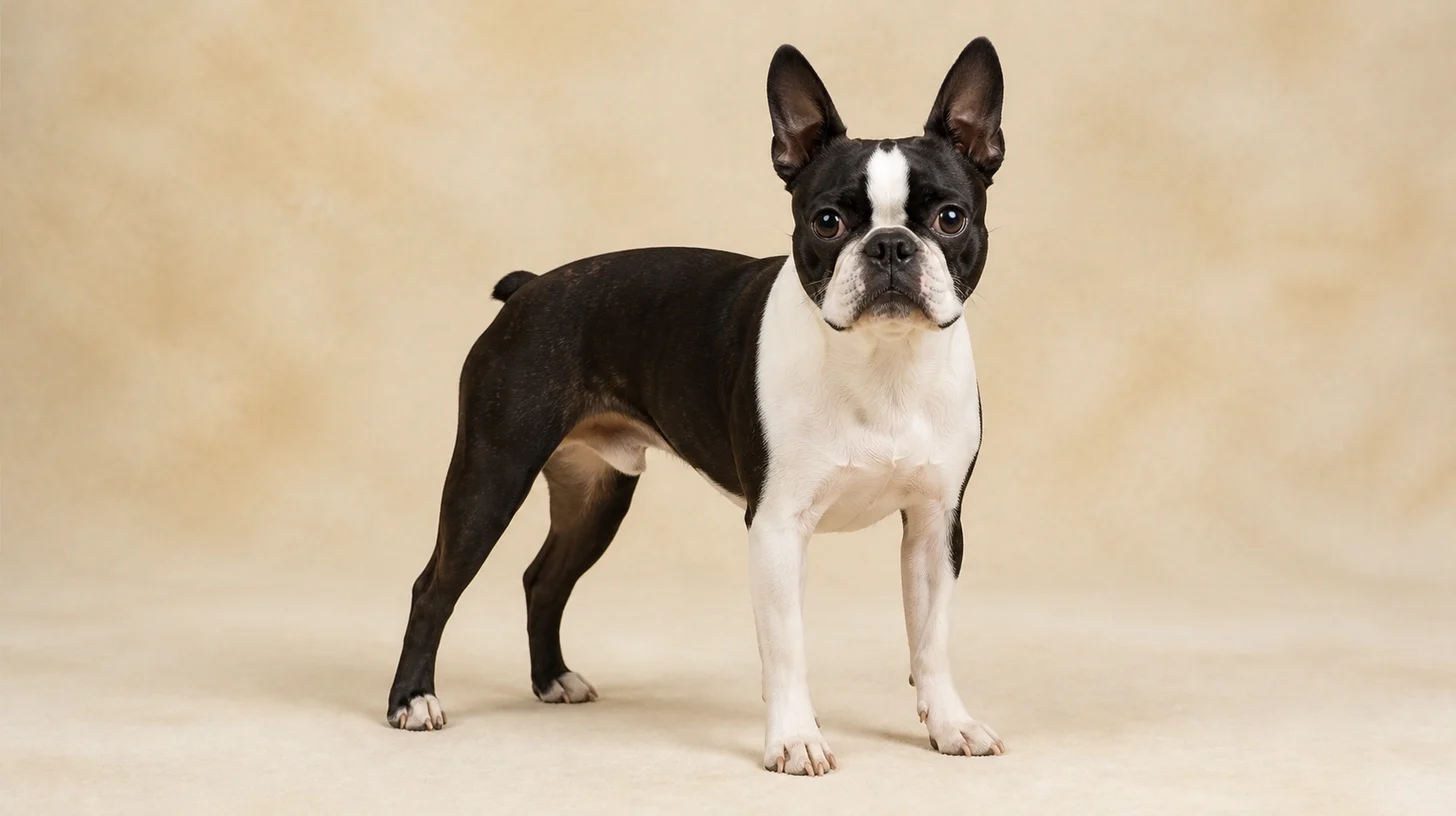 Boston Terrier adulto preto e branco em pé, olhando para a câmera
