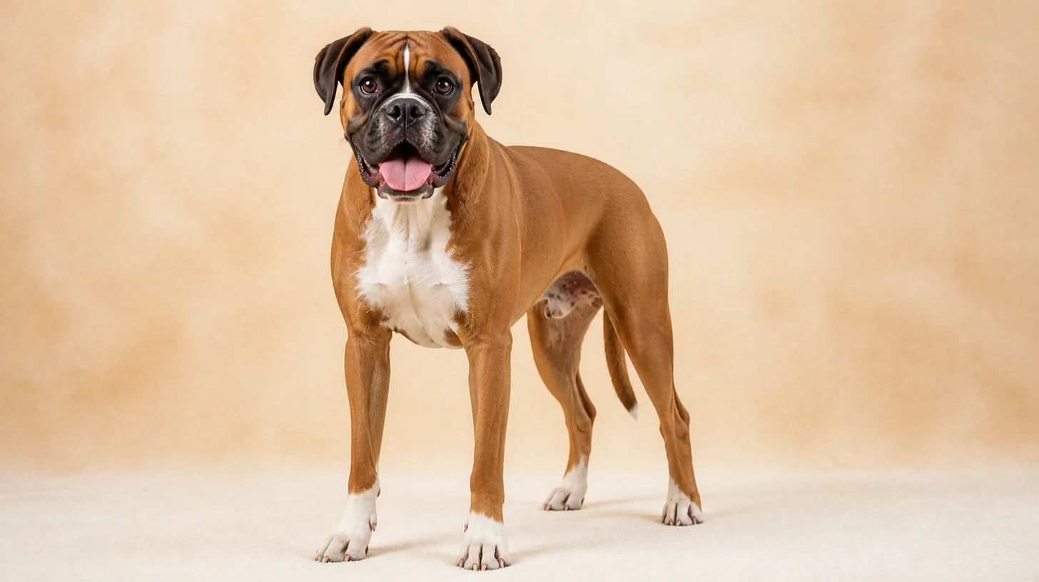 Boxer adulto fulvo com máscara preta e peito branco em pé, olhando para a câmera
