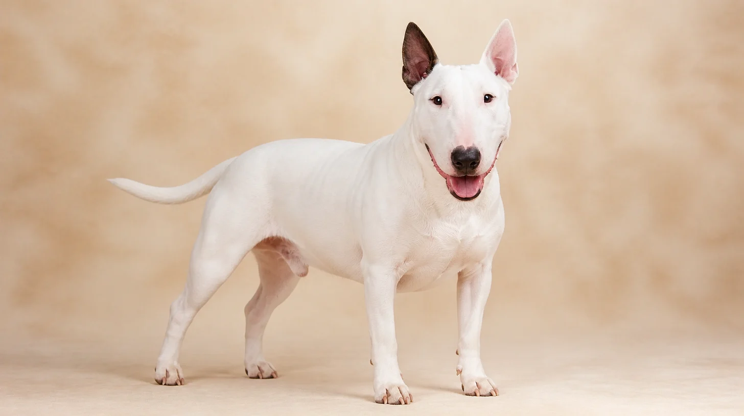 Bull Terrier adulto branco com mancha escura na orelha em pé, olhando para a câmera