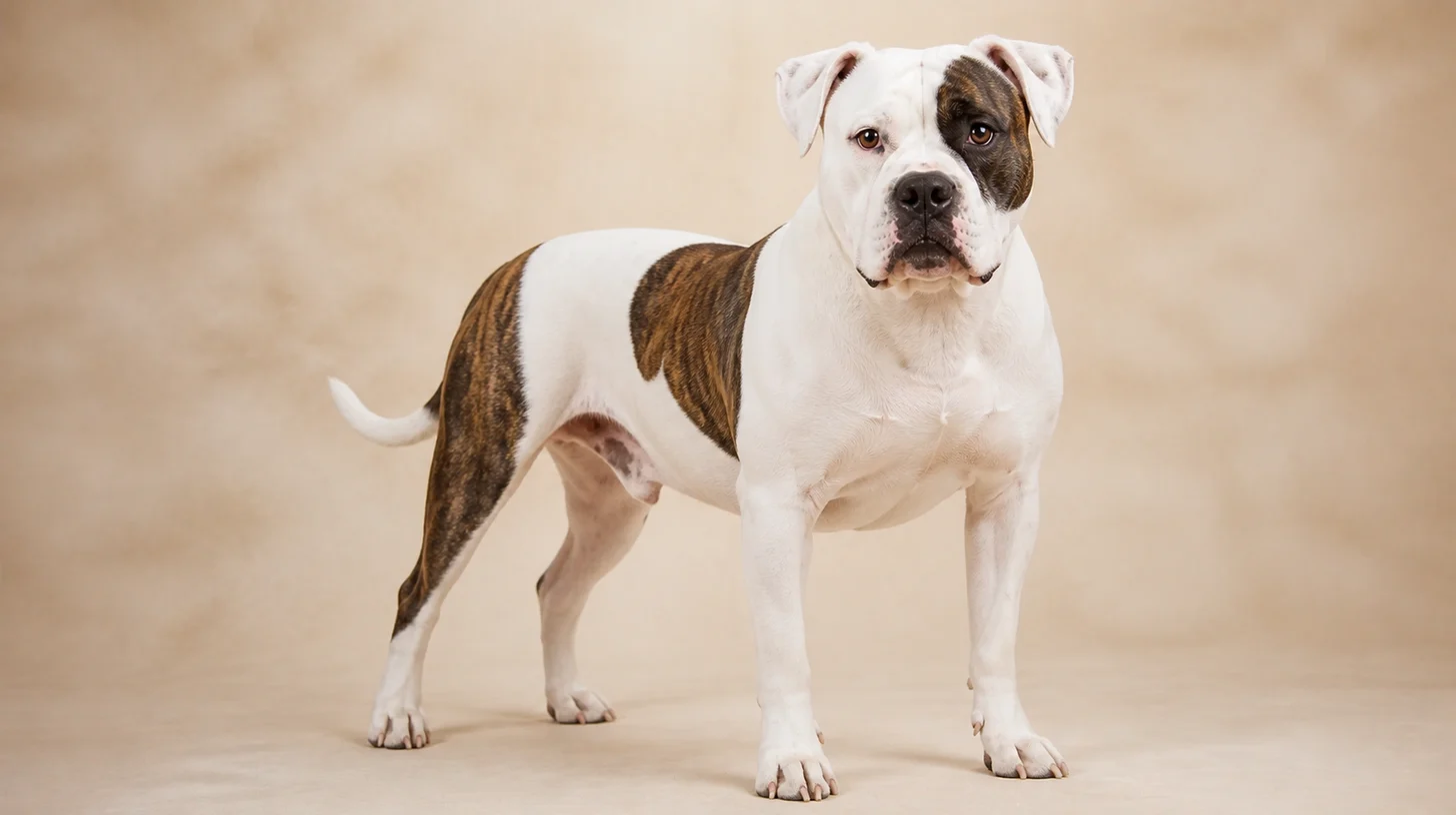 Bulldog Americano adulto branco com manchas tigradas em pé, olhando para a câmera
