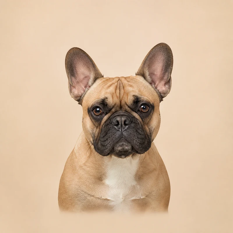 Rosto de Bulldog Francês sobre fundo bege claro