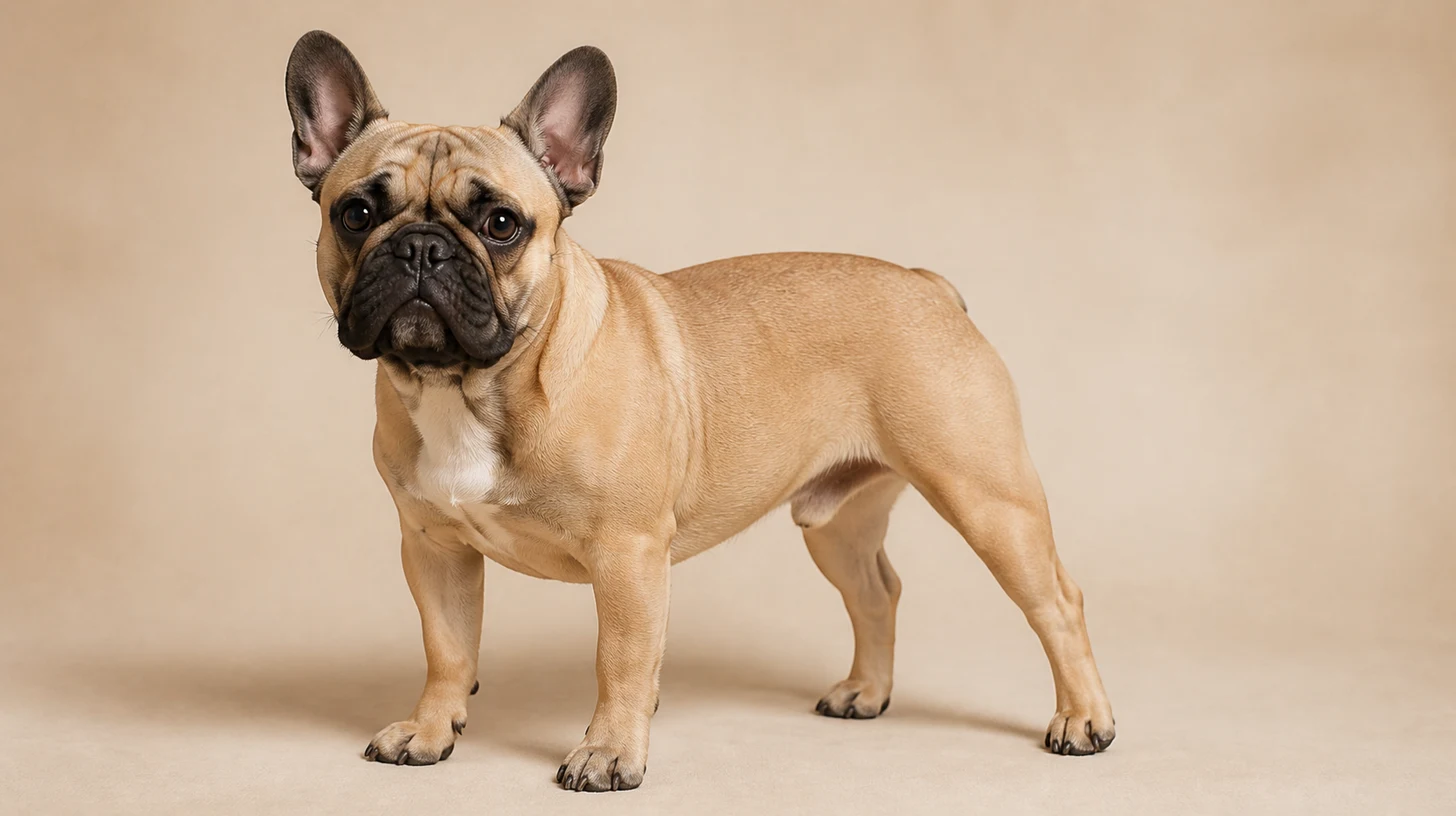 Bulldog Francês fulvo com máscara escura, em pé de corpo inteiro sobre fundo bege claro