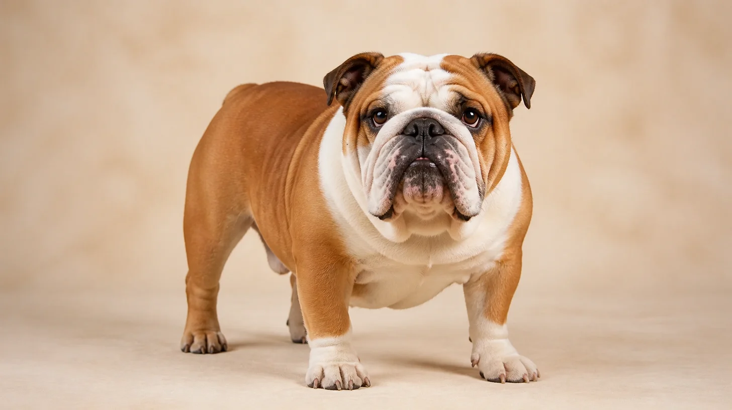 Bulldog Inglês adulto fulvo e branco em pé, olhando para a câmera