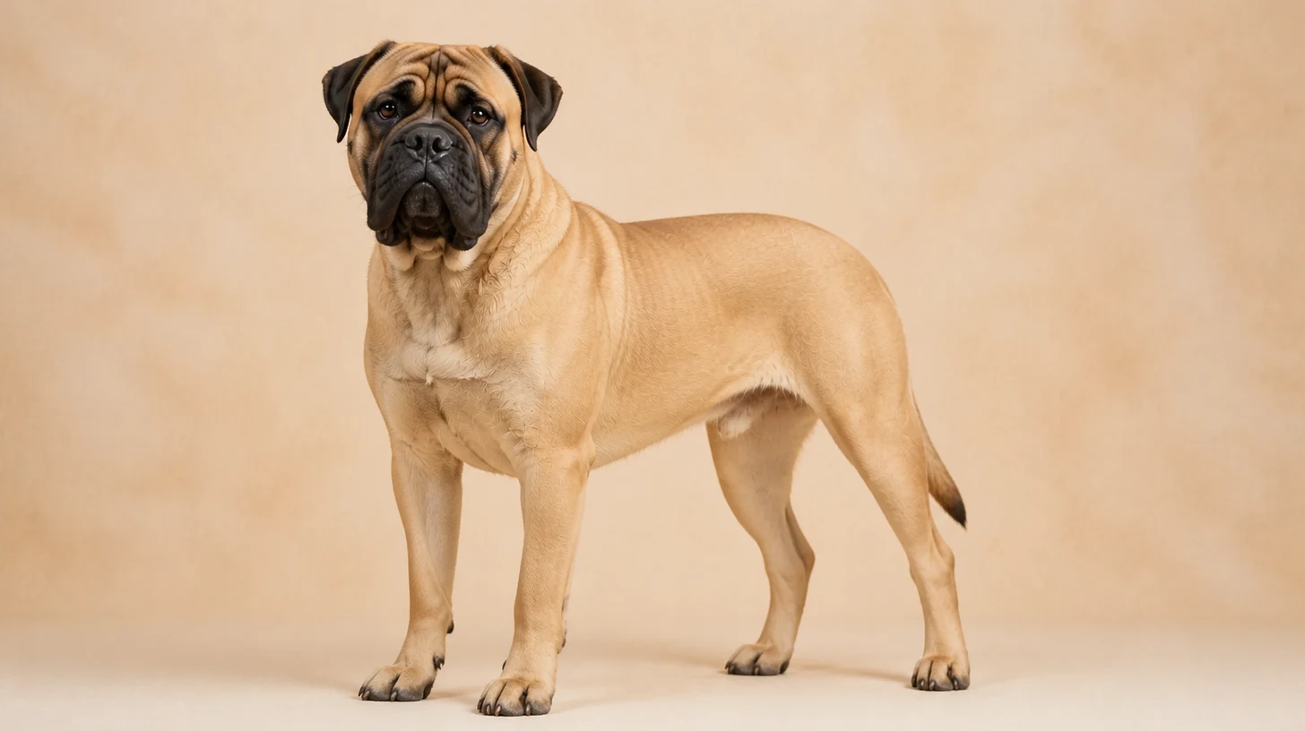 Bullmastiff adulto, fulvo com máscara preta, musculoso e cabeça quadrada, fotografado sobre fundo bege