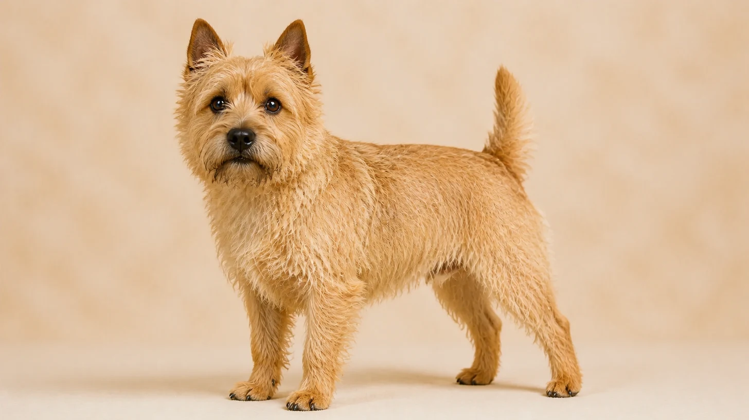 Cairn Terrier adulto, trigo, pequeno, pelagem eriçada e expressão viva, fotografado sobre fundo bege