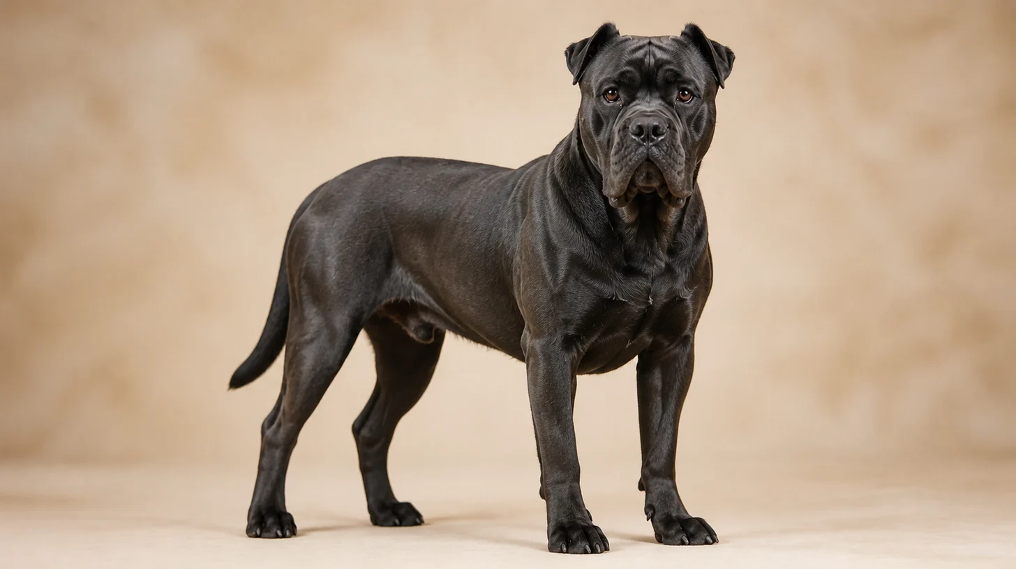 Cane Corso adulto preto com orelhas naturais em pé, olhando para a câmera
