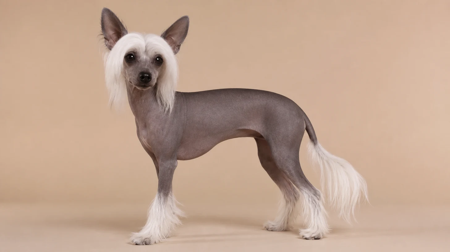 Cão de Crista Chinês adulto, variedade sem pelo, pele cinza, crista branca e orelhas grandes, fotografado sobre fundo bege