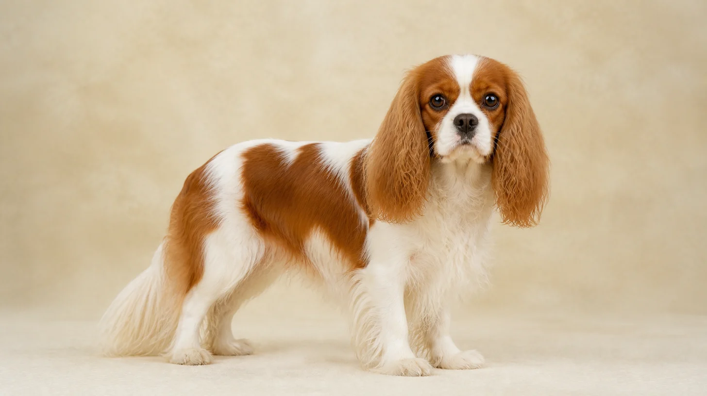 Cavalier King Charles Spaniel adulto branco e castanho em pé, olhando para a câmera