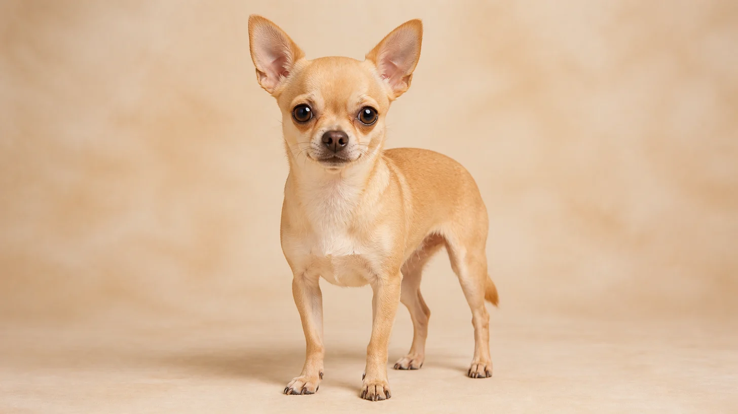 Chihuahua adulto de pelo curto fulvo em pé, olhando para a câmera