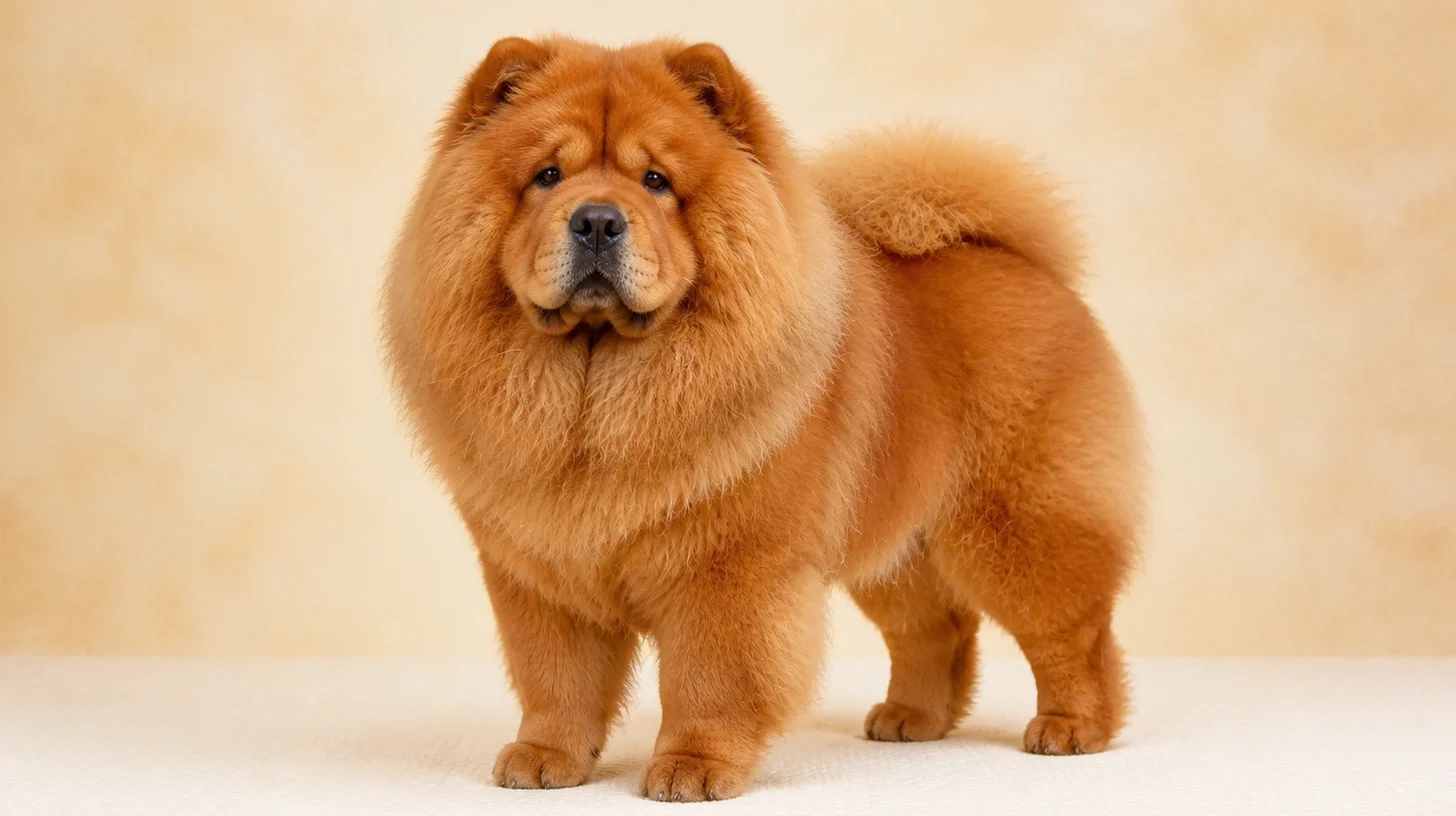Chow Chow adulto ruivo de pelagem densa em pé, olhando para a câmera