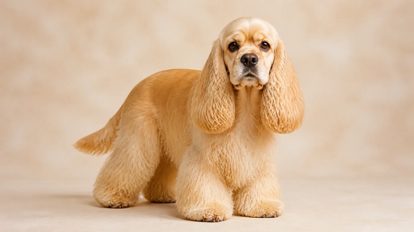 Cocker Spaniel Americano adulto dourado de pelagem longa em pé, olhando para a câmera