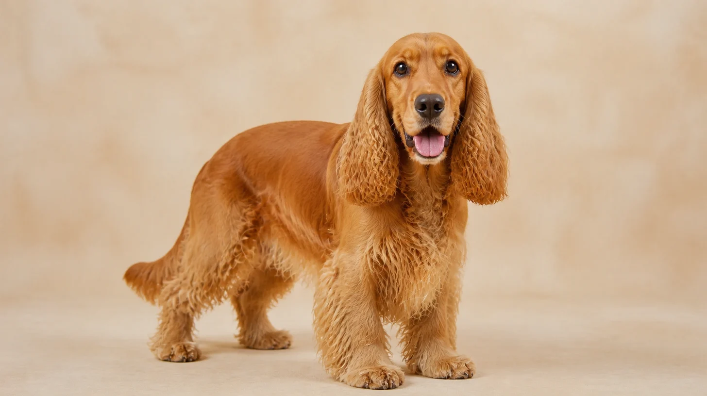 Cocker Spaniel Inglês adulto dourado em pé, olhando para a câmera