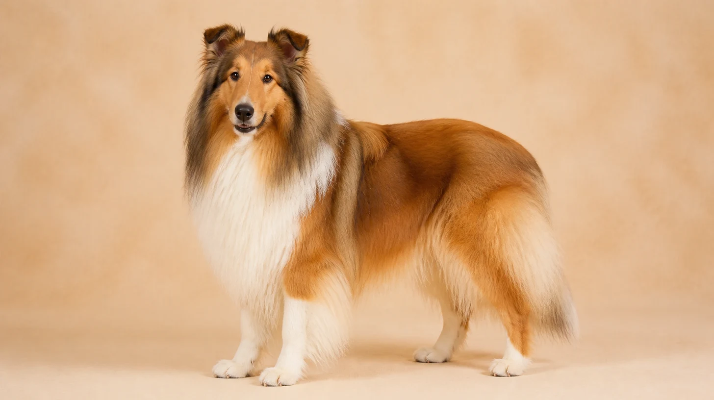 Collie sable e branco, de pelagem longa, em pé de corpo inteiro sobre fundo bege claro