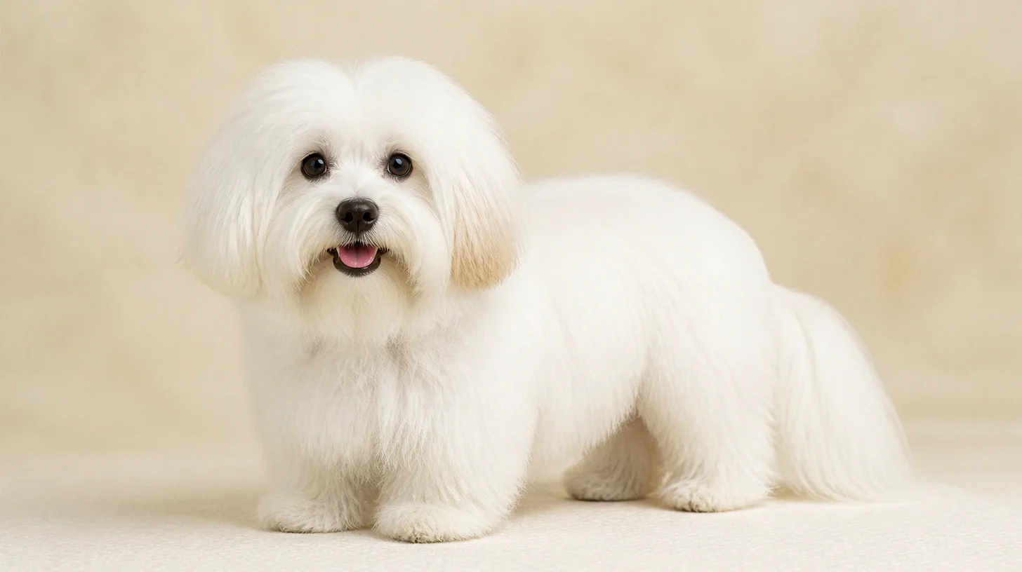 Coton de Tulear adulto branco de pelagem longa em pé, olhando para a câmera