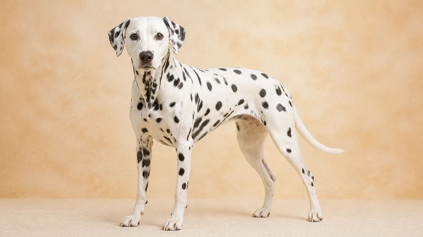 Dálmata adulto branco com manchas pretas em pé, olhando para a câmera