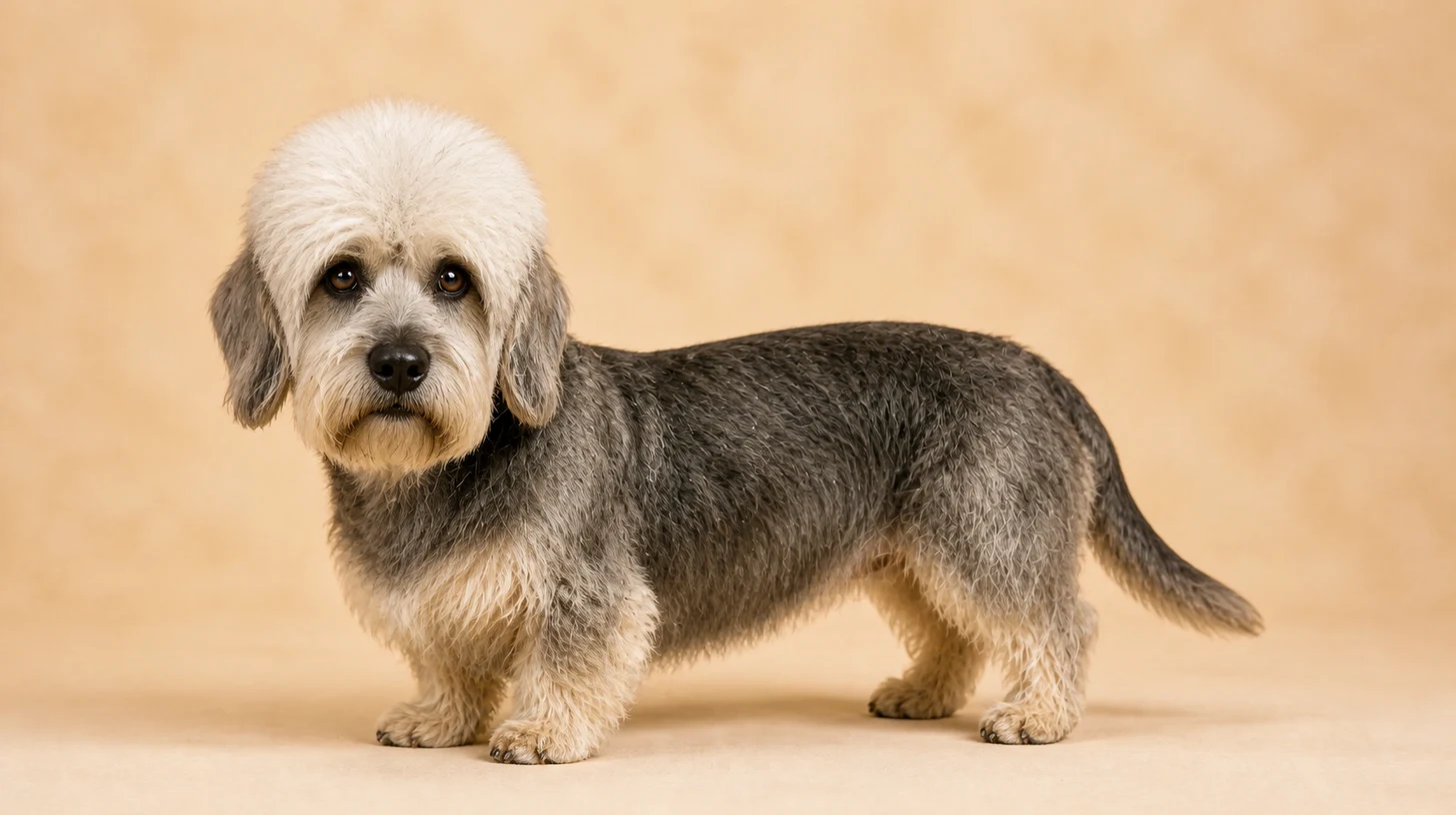 Dandie Dinmont Terrier adulto, cor pimenta, corpo longo, pernas curtas e topete claro, fotografado sobre fundo bege