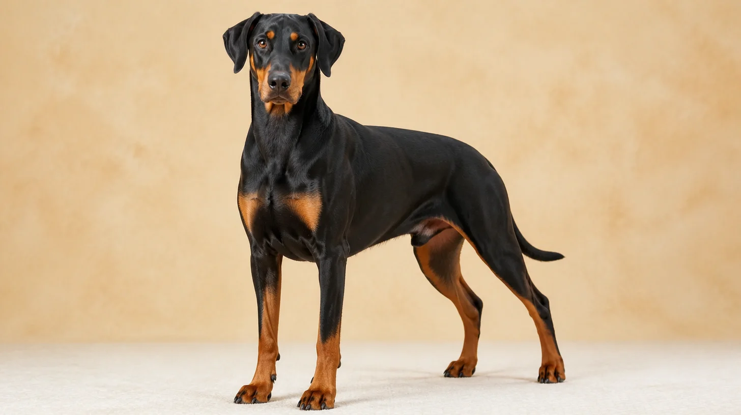 Doberman adulto preto e castanho com orelhas naturais em pé, olhando para a câmera