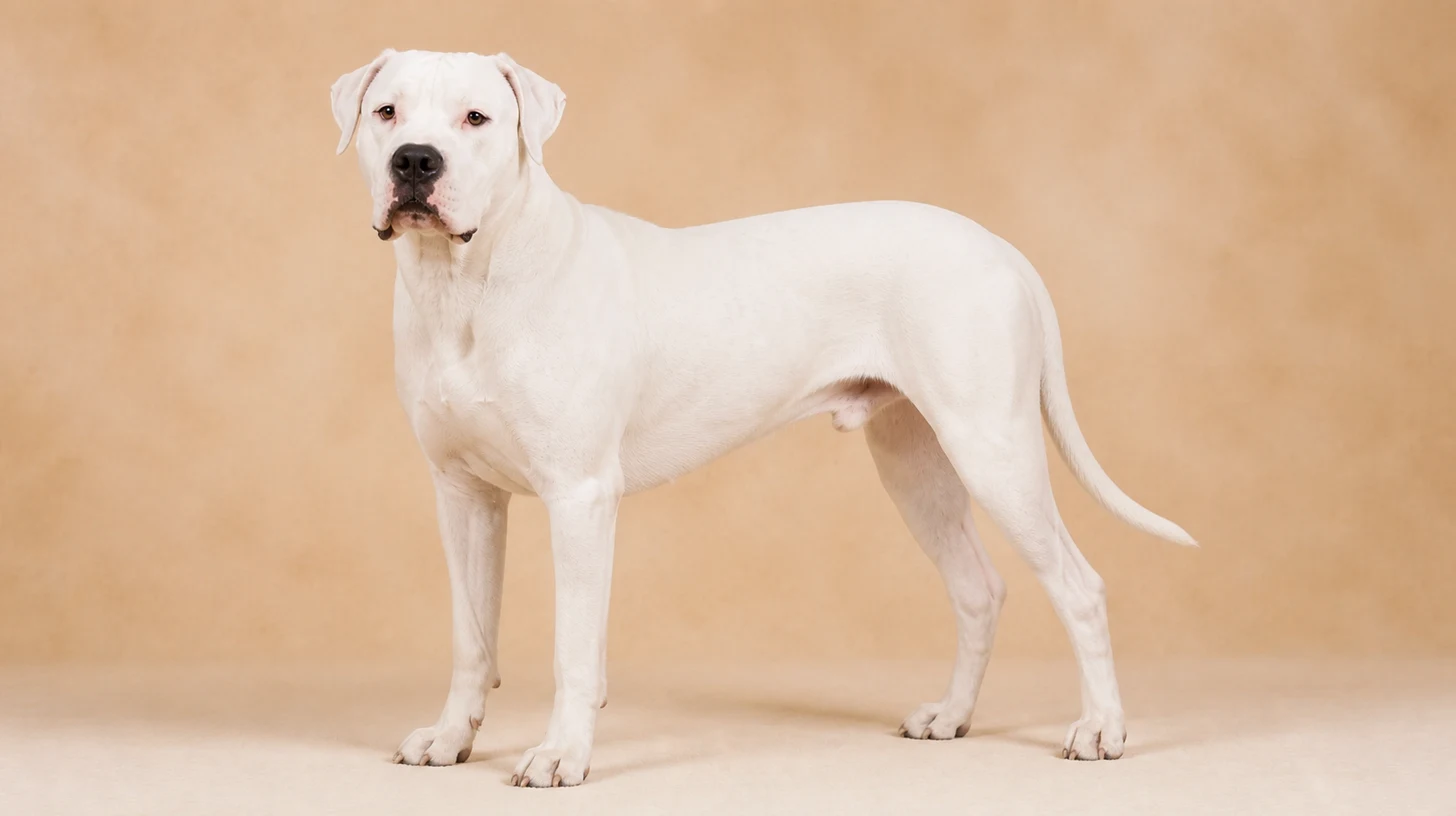 Dogo Argentino adulto, branco, musculoso, atlético e de cabeça forte, fotografado sobre fundo bege