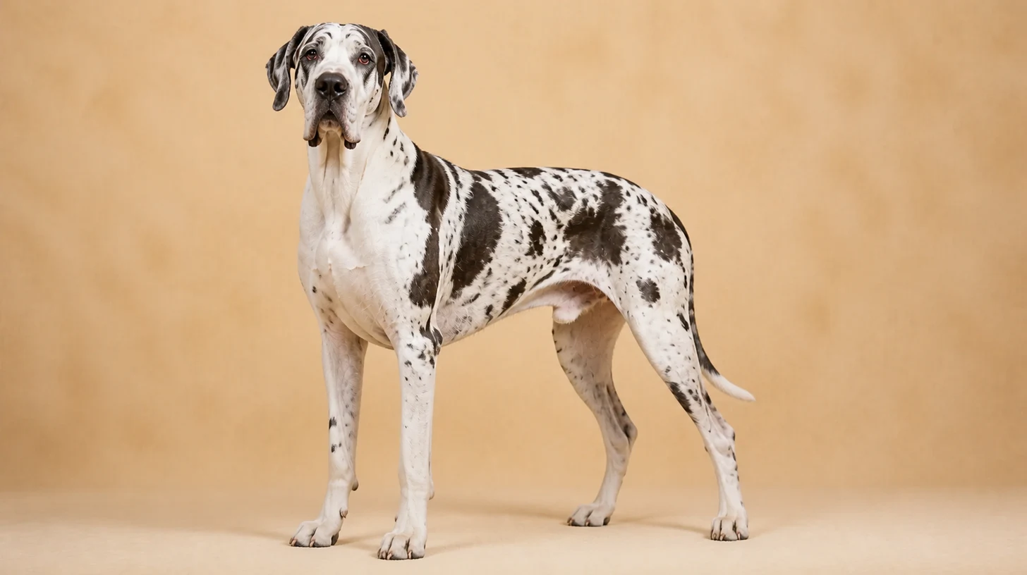 Dogue Alemão adulto, arlequim preto e branco, muito alto e elegante, fotografado sobre fundo bege
