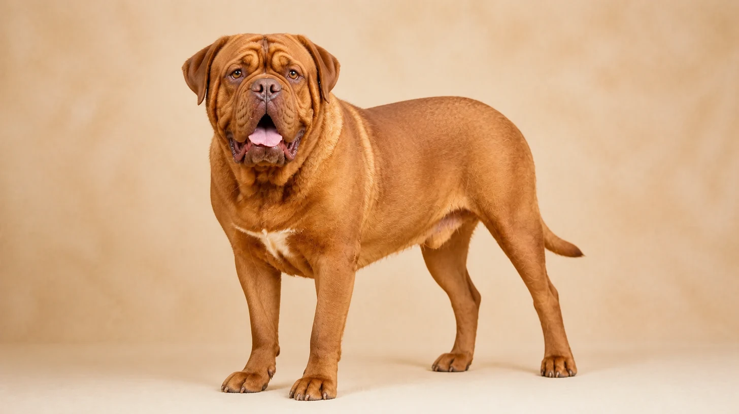 Dogue de Bordeaux adulto, fulvo avermelhado, focinho curto e cabeça volumosa, fotografado sobre fundo bege