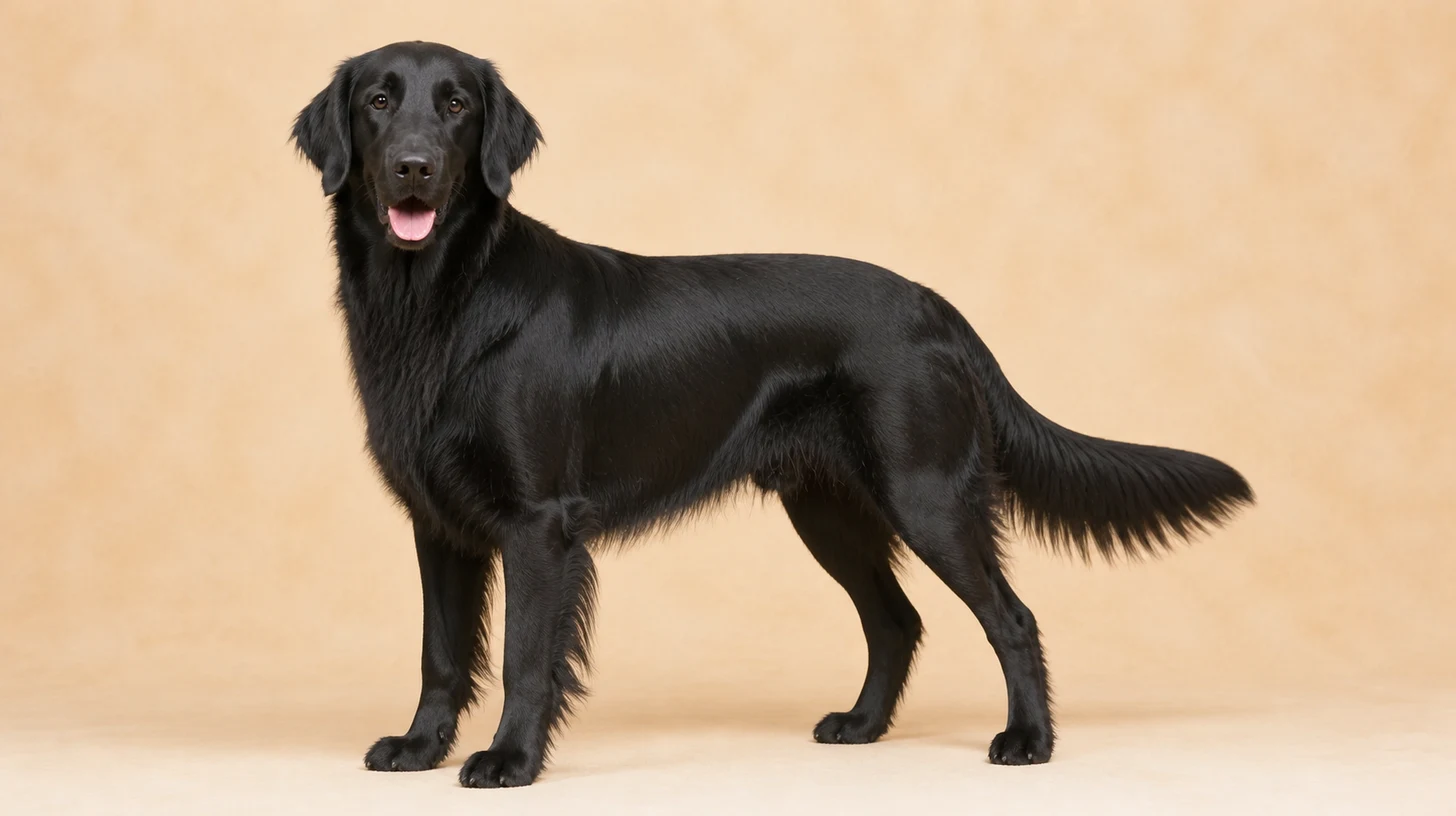 Flat-Coated Retriever adulto, preto, pelagem lisa, corpo atlético e expressão alegre, fotografado sobre fundo bege