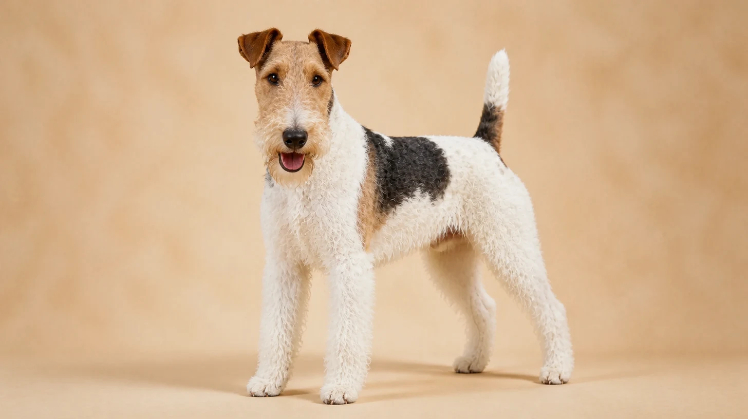 Fox Terrier de Pelo Duro adulto, branco com preto e castanho, barba e pelo de arame, fotografado sobre fundo bege