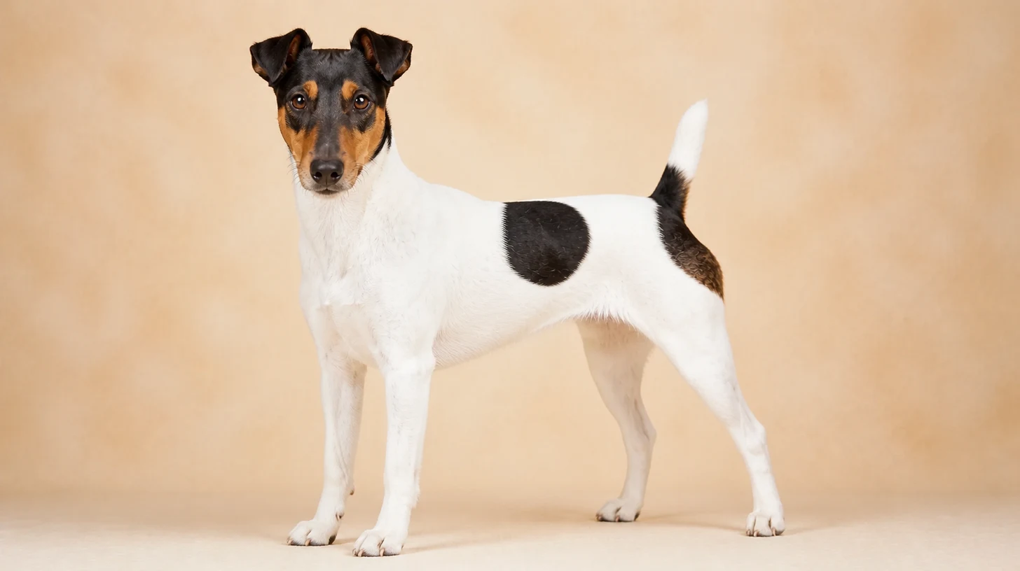 Fox Terrier de Pelo Liso adulto, branco com preto e castanho, liso, elegante e atento, fotografado sobre fundo bege