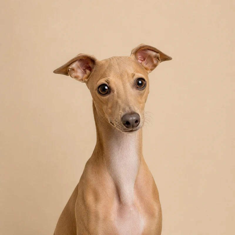 Rosto de Galgo Italiano sobre fundo bege claro