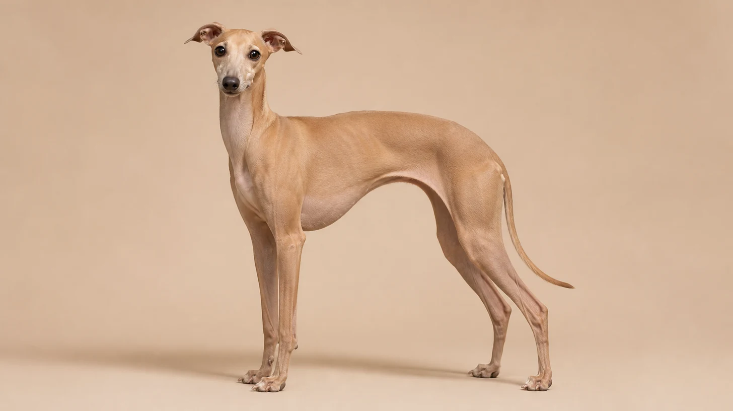 Galgo Italiano fulvo em pé de corpo inteiro, com peito profundo e cintura estreita, sobre fundo bege claro