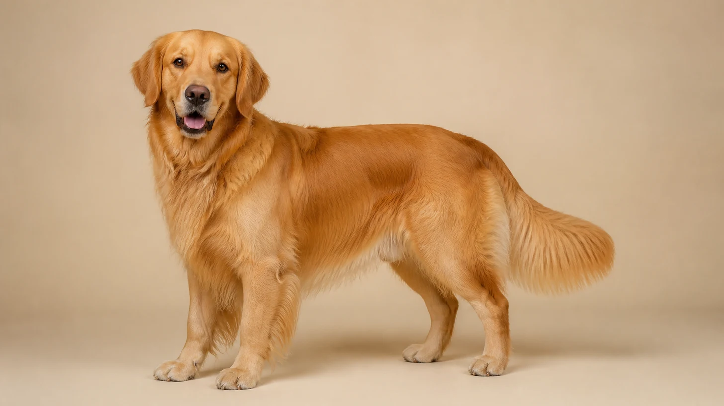 Golden Retriever adulto de pelagem dourada, em pé de corpo inteiro sobre fundo bege claro