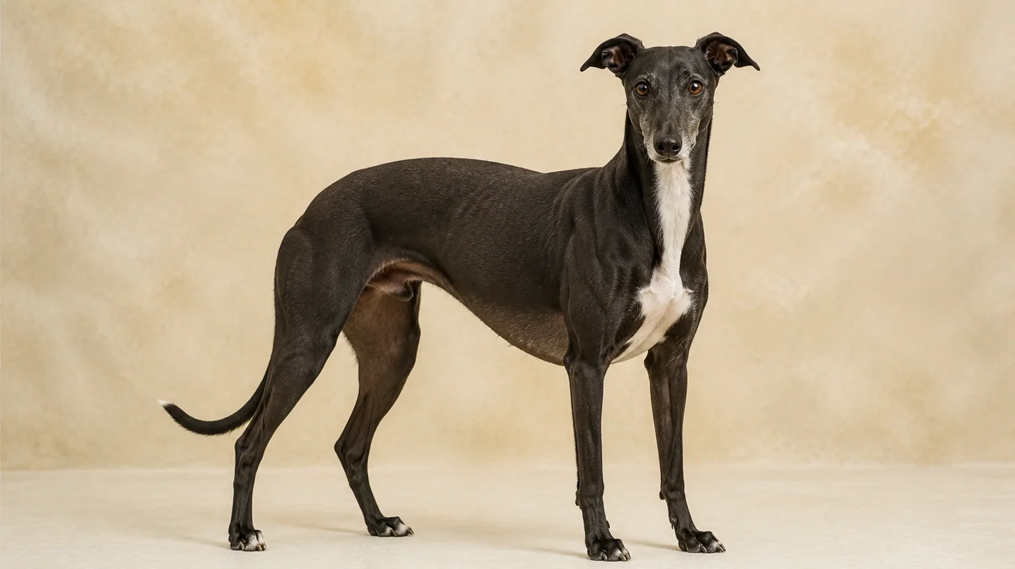 Greyhound adulto preto com peito branco em pé, olhando para a câmera