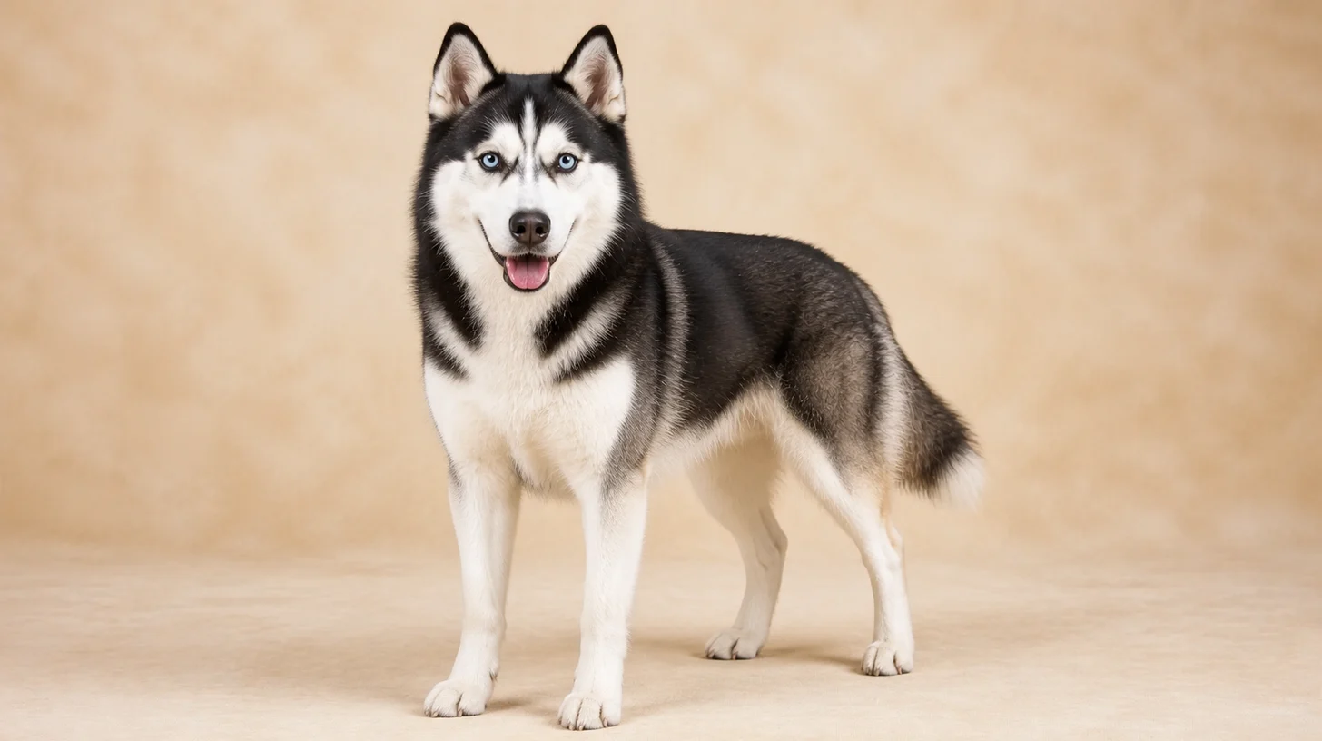 Husky Siberiano adulto preto e branco em pé, olhando para a câmera
