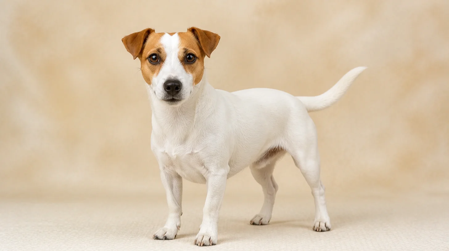 Jack Russell Terrier adulto branco e castanho em pé, olhando para a câmera