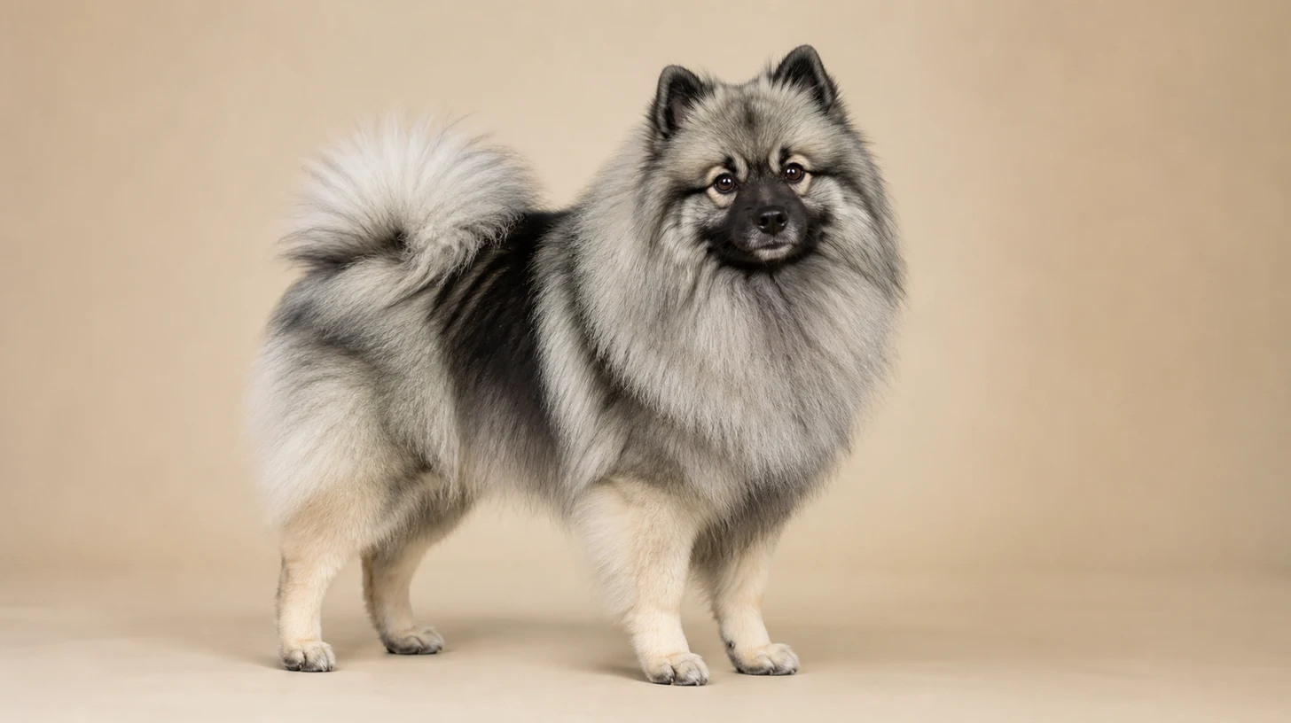 Keeshond adulto, cinza-lobo, pelagem volumosa, óculos faciais e cauda enrolada, fotografado sobre fundo bege