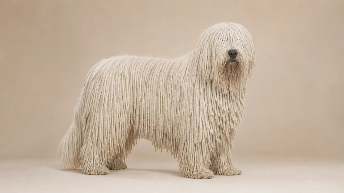 Komondor adulto, branco, gigante, pelagem em longos cordões cobrindo o corpo, fotografado sobre fundo bege
