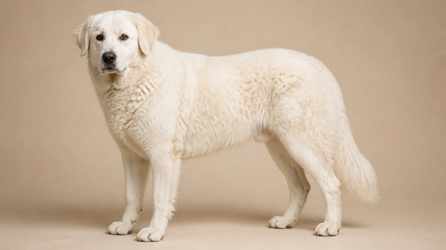 Kuvasz adulto, branco, grande, pelagem ondulada e cabeça em forma de cunha, fotografado sobre fundo bege