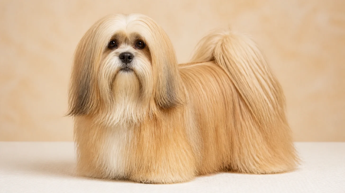 Lhasa Apso adulto de pelagem longa dourada em pé, olhando para a câmera