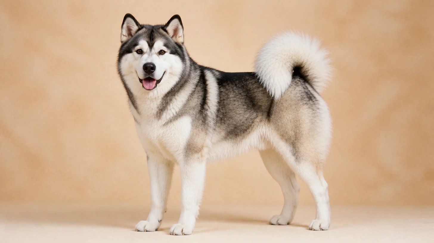 Malamute do Alasca adulto, cinza e branco, máscara facial clara e cauda plumosa, fotografado sobre fundo bege