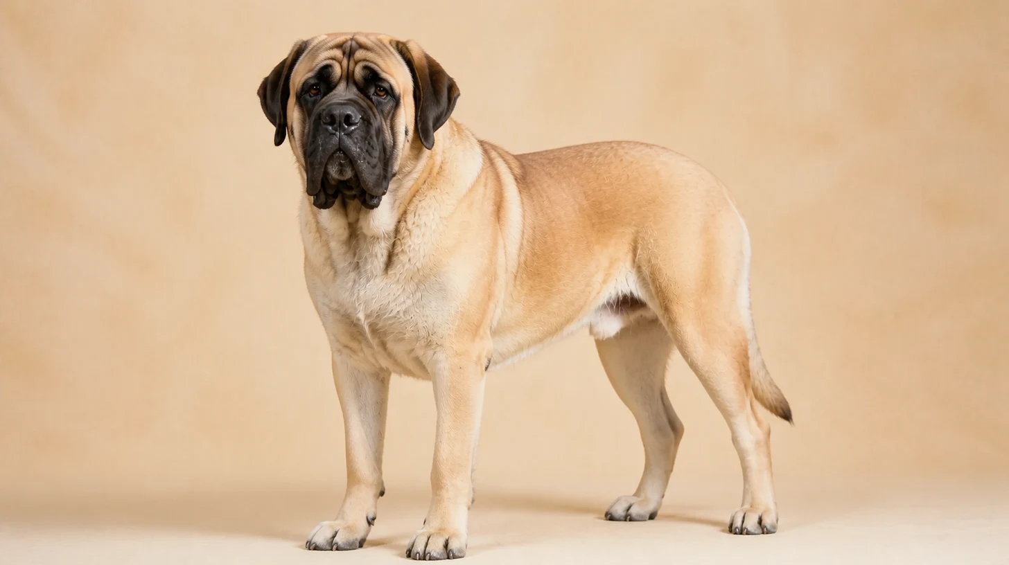 Mastiff adulto, fulvo com máscara preta, cabeça larga e corpo maciço, fotografado sobre fundo bege