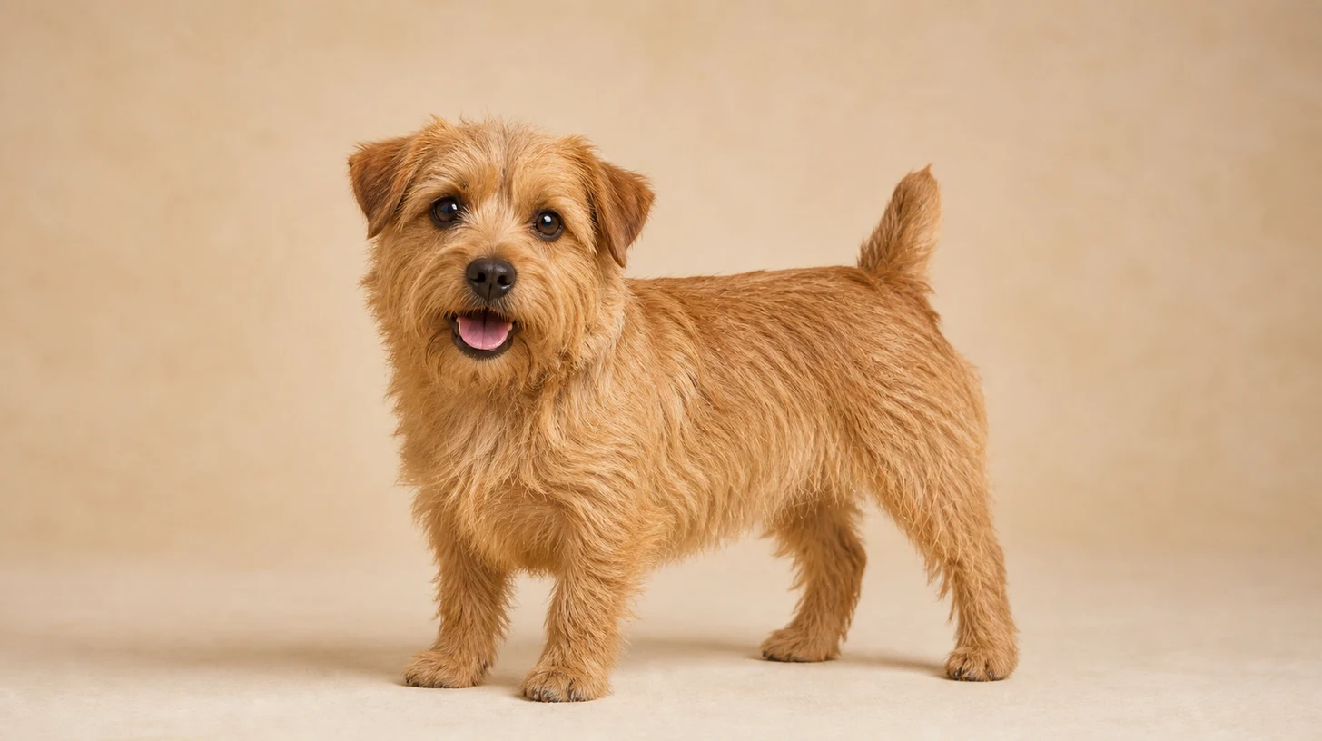 Norfolk Terrier adulto, vermelho, pequeno, compacto e orelhas caídas, fotografado sobre fundo bege