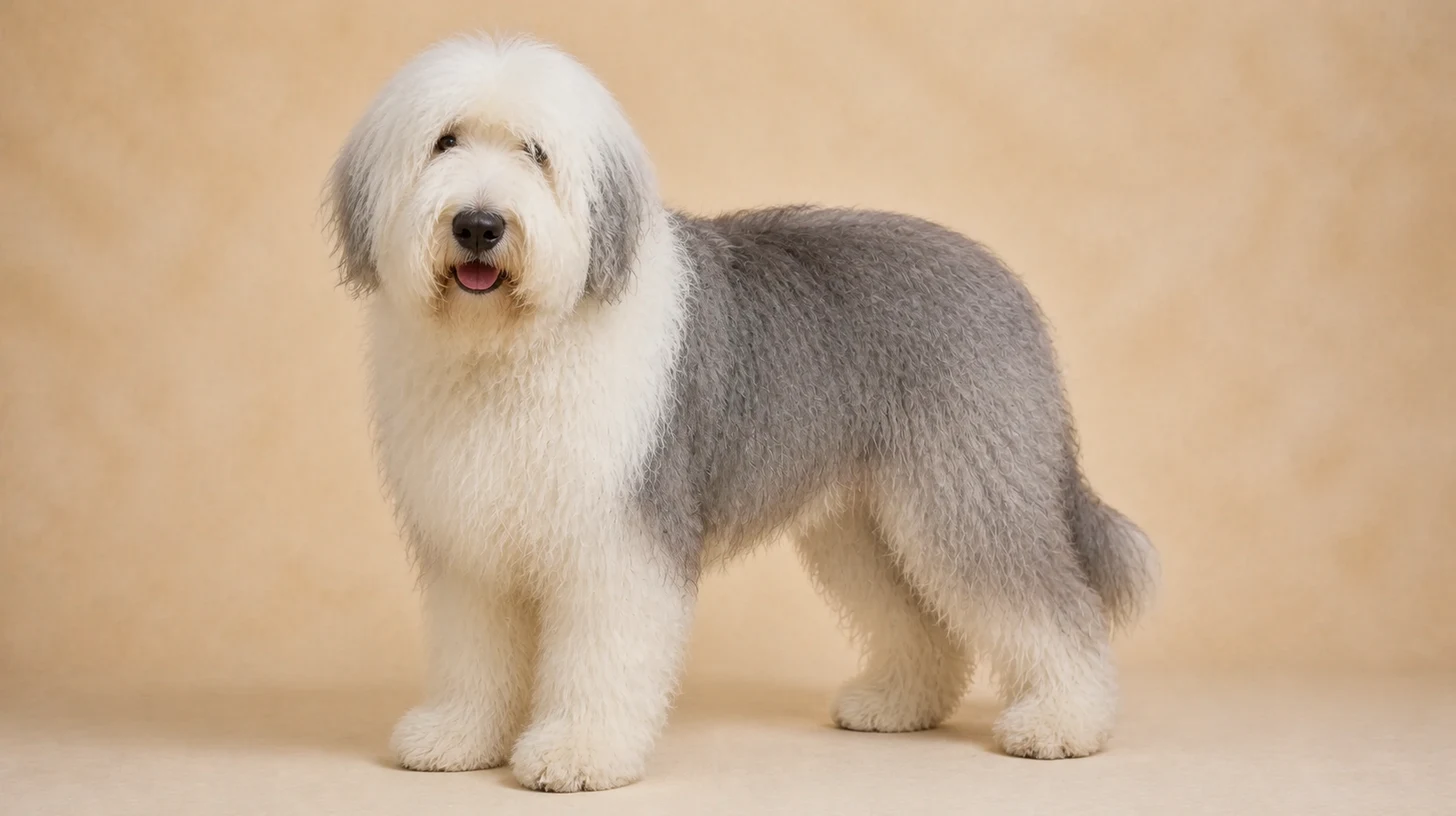 Old English Sheepdog cinza e branco, de pelagem longa e desgrenhada, em pé de corpo inteiro sobre fundo bege claro