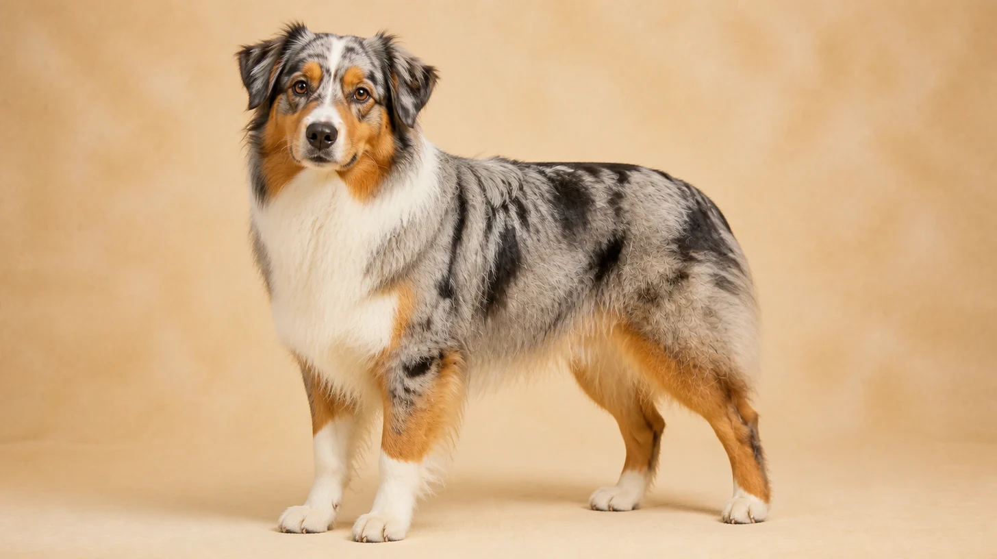 Pastor Australiano blue merle, com marcas castanhas e brancas, em pé de corpo inteiro sobre fundo bege claro