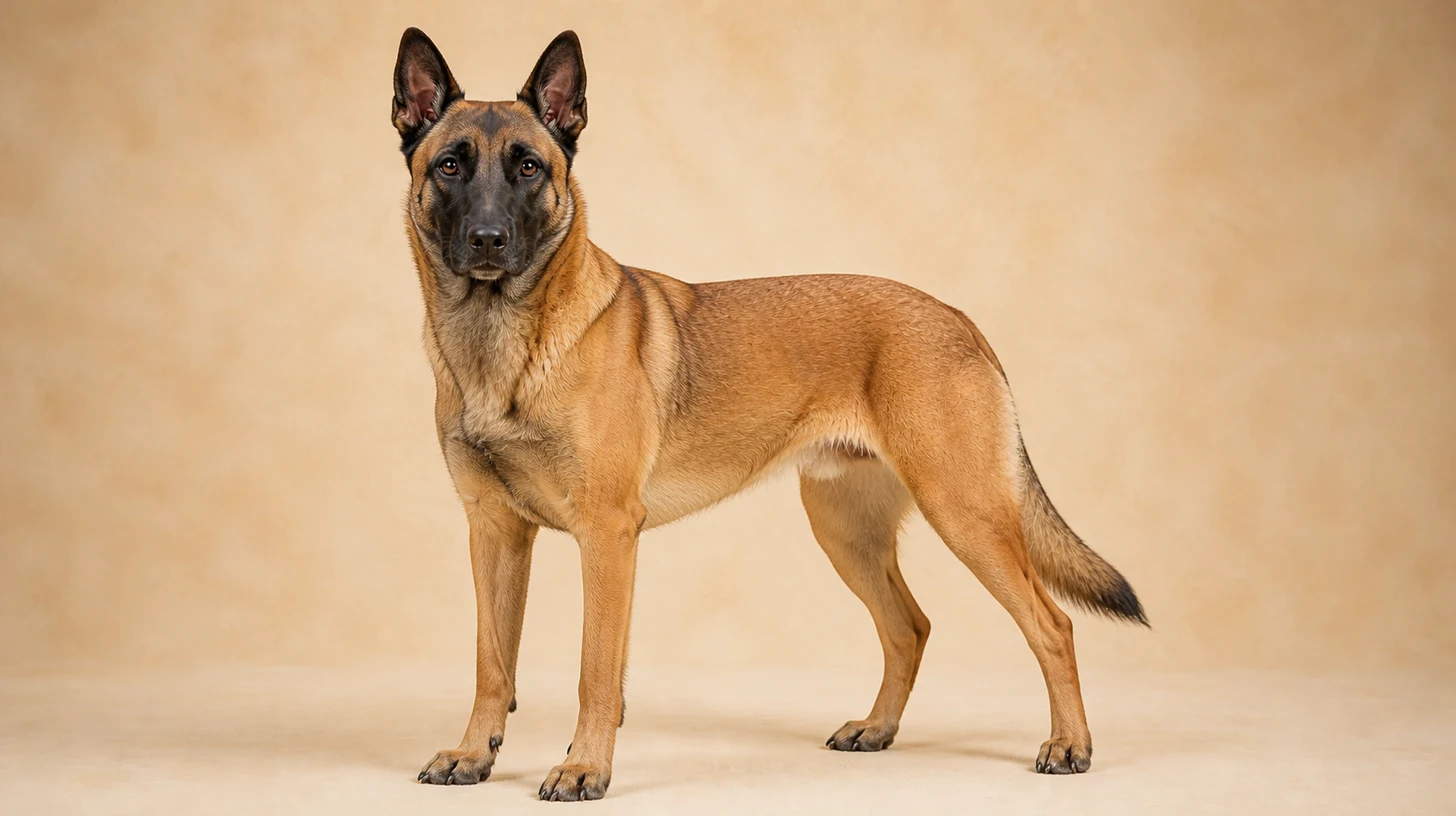 Pastor Belga Malinois fulvo com máscara preta, em pé de corpo inteiro sobre fundo bege claro
