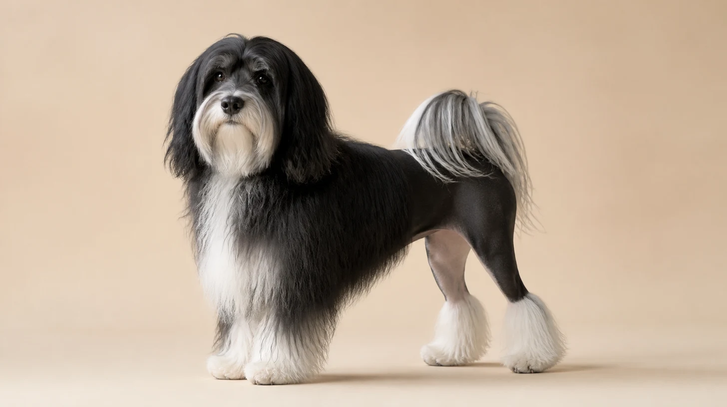 Pequeno Cão Leão adulto, branco e preto, pequeno, pelagem longa em tosa leão, fotografado sobre fundo bege
