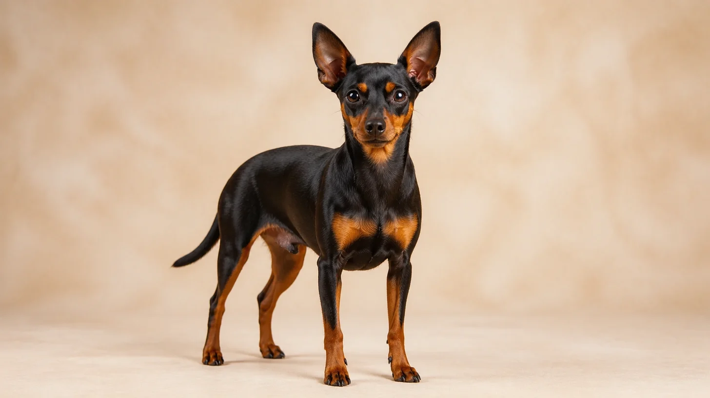 Pinscher adulto preto e castanho em pé, olhando para a câmera