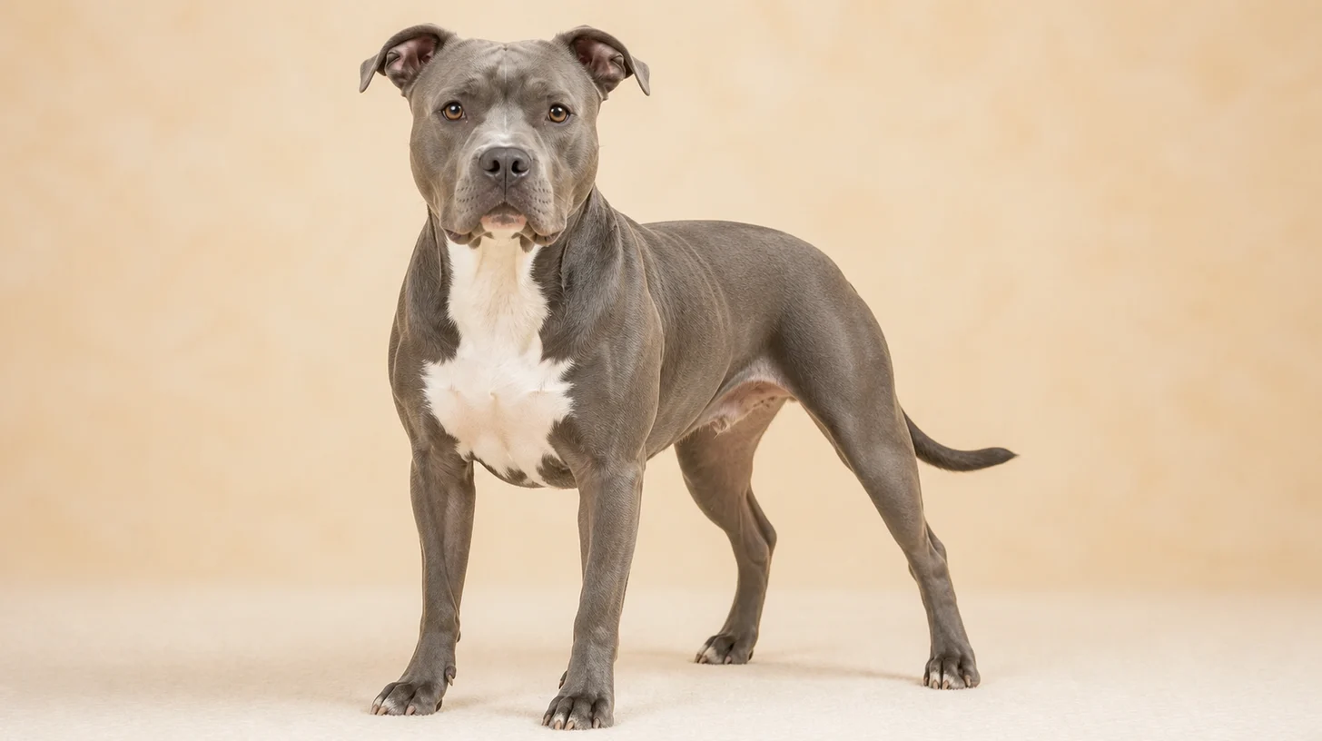 Pitbull adulto cinza com peito branco em pé, olhando para a câmera