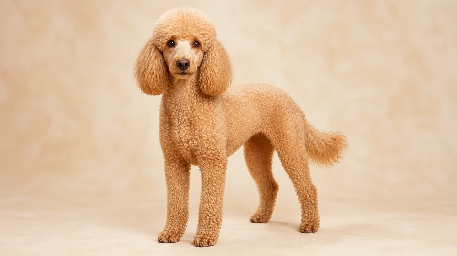 Poodle adulto de pelagem apricot em pé, olhando para a câmera